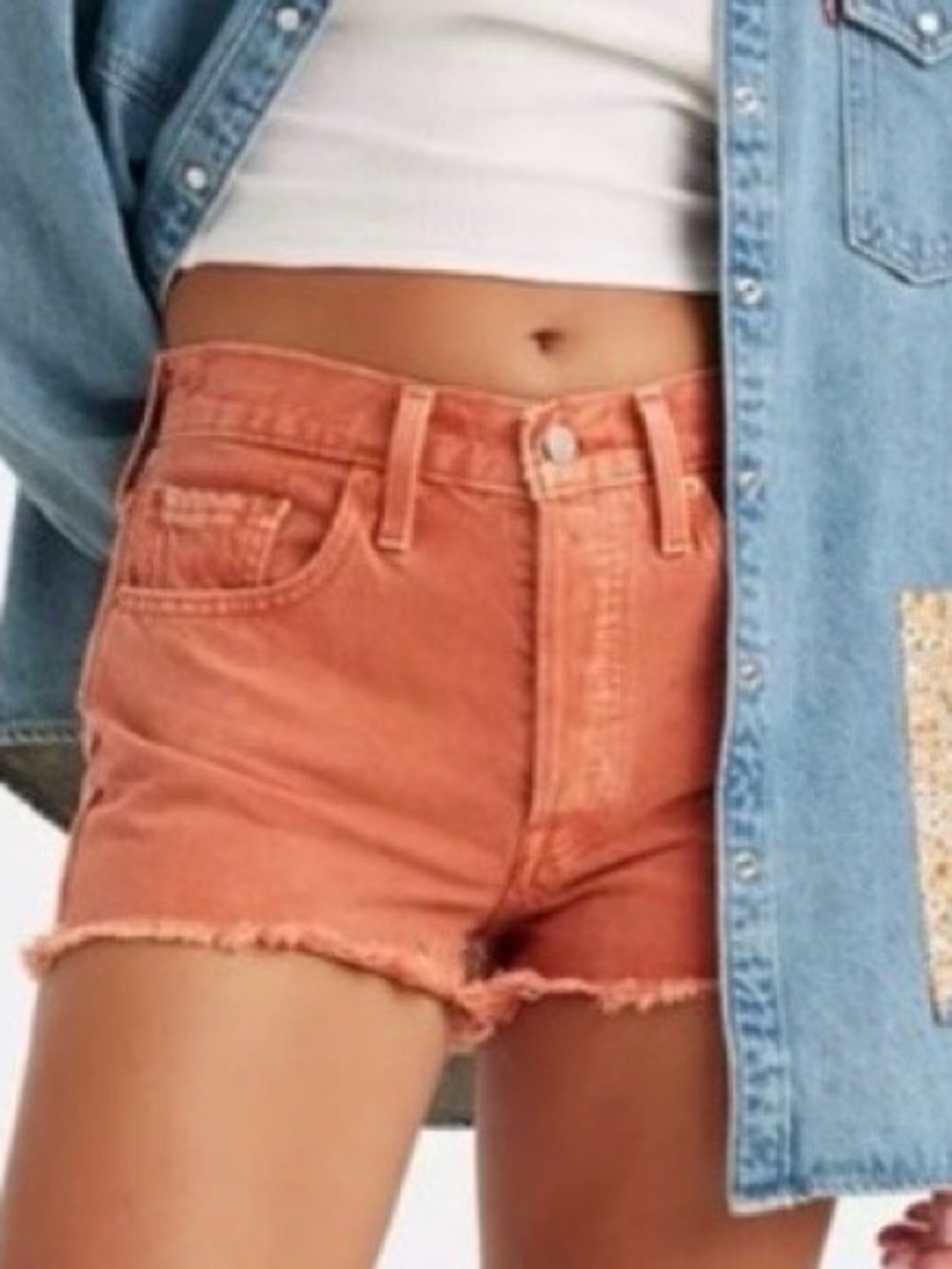 Levi 501 Coral/Orange Raw Hem Denim Cutoff Mid-rise Shorts boho Size 27